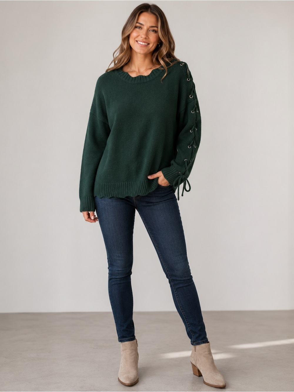 POL Forest Green Lace-Up Sleeve Women's Sweater Size S